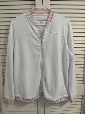 Pebble Beach White Zip Jacket with Pastel Stripe Trim